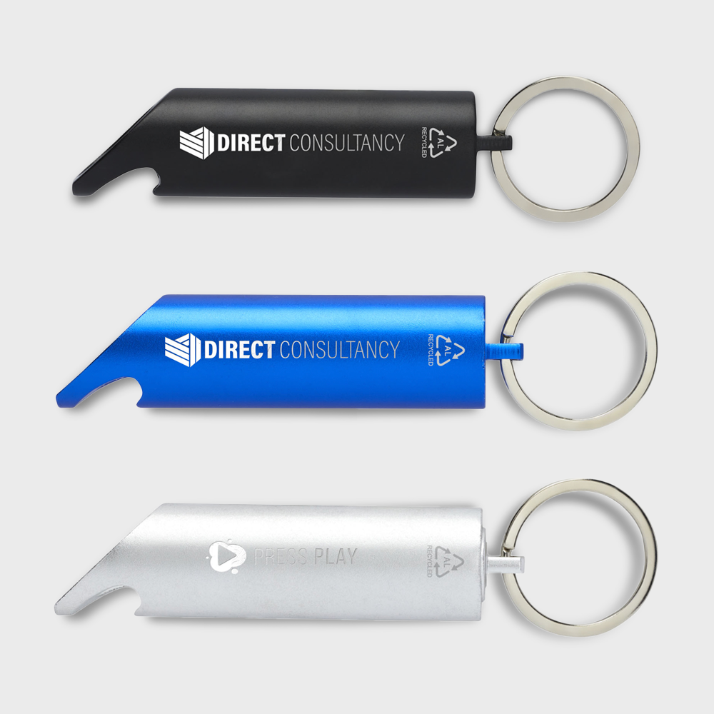 Flare RCS Recycled Aluminium LED Light and Bottle Opener with Keychain